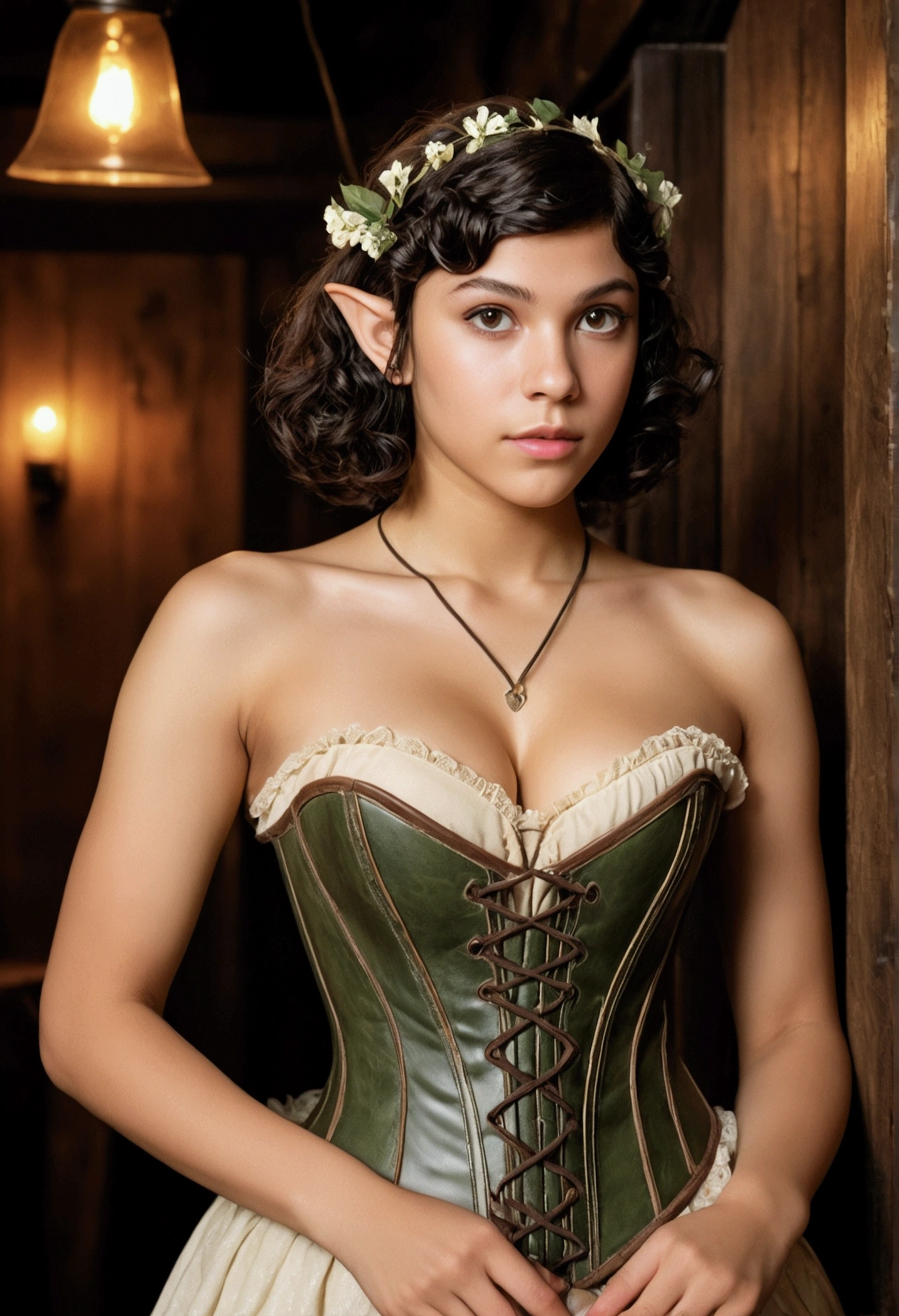 analog film photograph, photo of an elven maiden, 18-years-old, amazonian stature, athletic hourglass figure, busty breasts, narrow waist, full wide hips, big round buttocks, wearing a corset and a petticoat, warm almond complexion, pointy elf ears, dark hair, short curly bob cut, resembles Zendaya, posing in a seedy medieval tavern, RAW Photograph, dslr, soft lighting, high quality, film grain, Fujifilm XT3, detailed skin with visible pores, insane details, masterpiece, 8k, 35mm photograph, dslr, kodachrome, faded film, desaturated, grainy, vintage, Lomography, stained, highly detailed, found footage, long elven ears