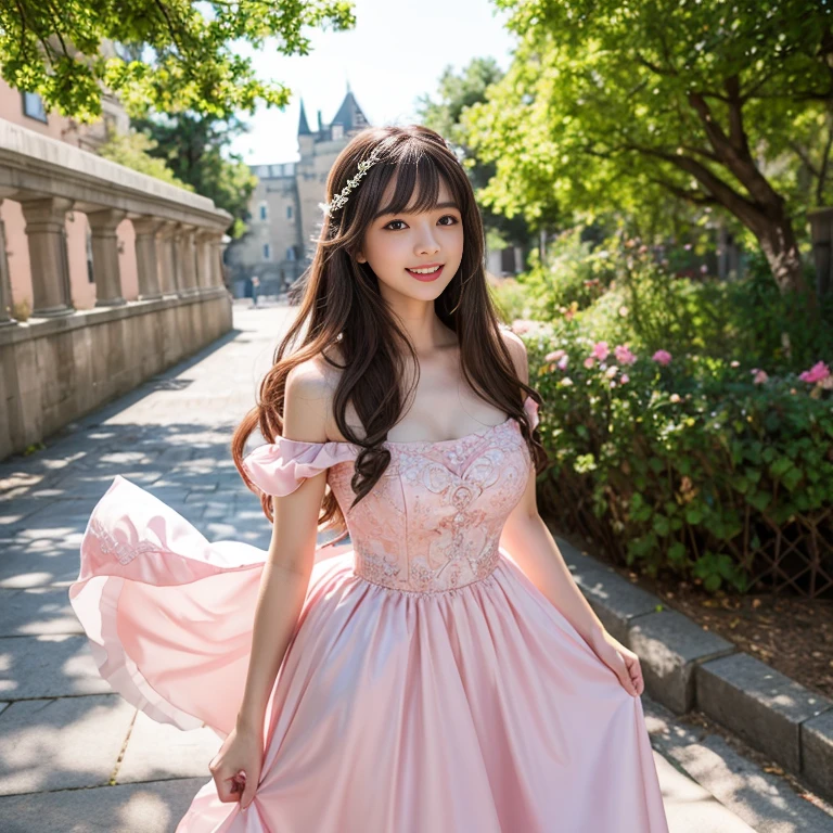 laughing out loud，1 female, 2，（Wearing a pink princess dress），Wear a dress，wear princess dress，Wearing a pink princess wedding dress，Wear a wedding dress，Outside the castle，There are multiple layers of gauze on the outside of the skirt，Big skirt，light brown hair, blunt bangs, hair behind ears, Shoulder length hair, long hair, Slender body type, 超face slimming型, face slimming, delicate lips, beautiful eyes, Thin blush, Eyes are light brown,Check it out here, (actual:1.3), One person's perspective, 8k, Super detailed, high quality, best quality, High resolution，knee shot