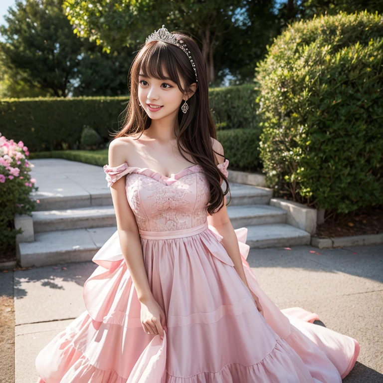 laughing out loud,1 female, 2,(Wearing a pink princess dress),Wear a dress,wear princess dress,Wearing a pink princess wedding dress,Wear a wedding dress,Outside the castle,There are multiple layers of gauze on the outside of the skirt,Big skirt,light brown hair, blunt bangs, hair behind ears, Shoulder length hair, long hair, Slender body type, 超face slimming型, face slimming, delicate lips, beautiful eyes, Thin blush, Eyes are light brown,Check it out here, (actual:1.3), One person's perspective, 8k, Super detailed, high quality, best quality, High resolution,knee shot