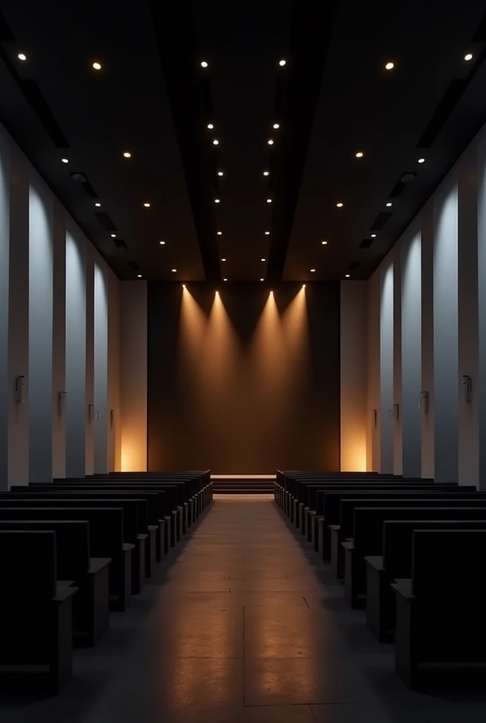Interior of a minimalist evangelical church in a rectangular shape, black background wall with led panel in the center, black upper ceiling with several yellowish light points, party lights pointing at stage and illuminating,  white side walls, lights coming out of the stage