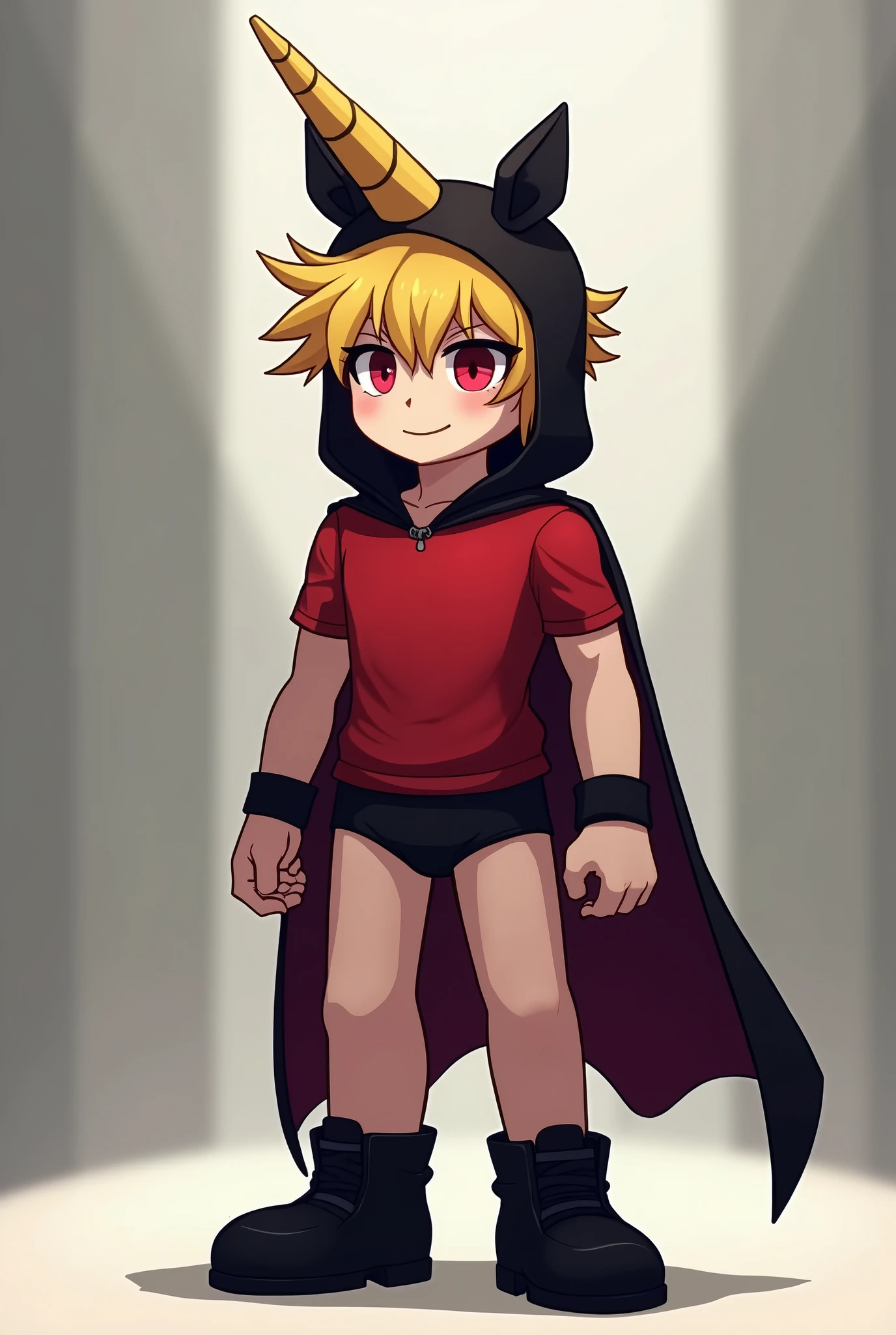 I want the image of a blond male character with anime-like hair and red eyes in the format of Roblox, his model with a unicorn hat with 2 ears and 1 small horn and a cape behind him from Tomam Gang. I want short blond hair without a tail, a very square Roblox model with haunting red eyes and black shoes and underwear and a red shirt on top.