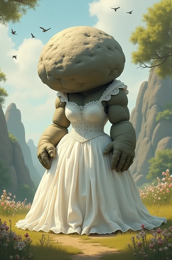 Bochi the Rock in a wedding dress 