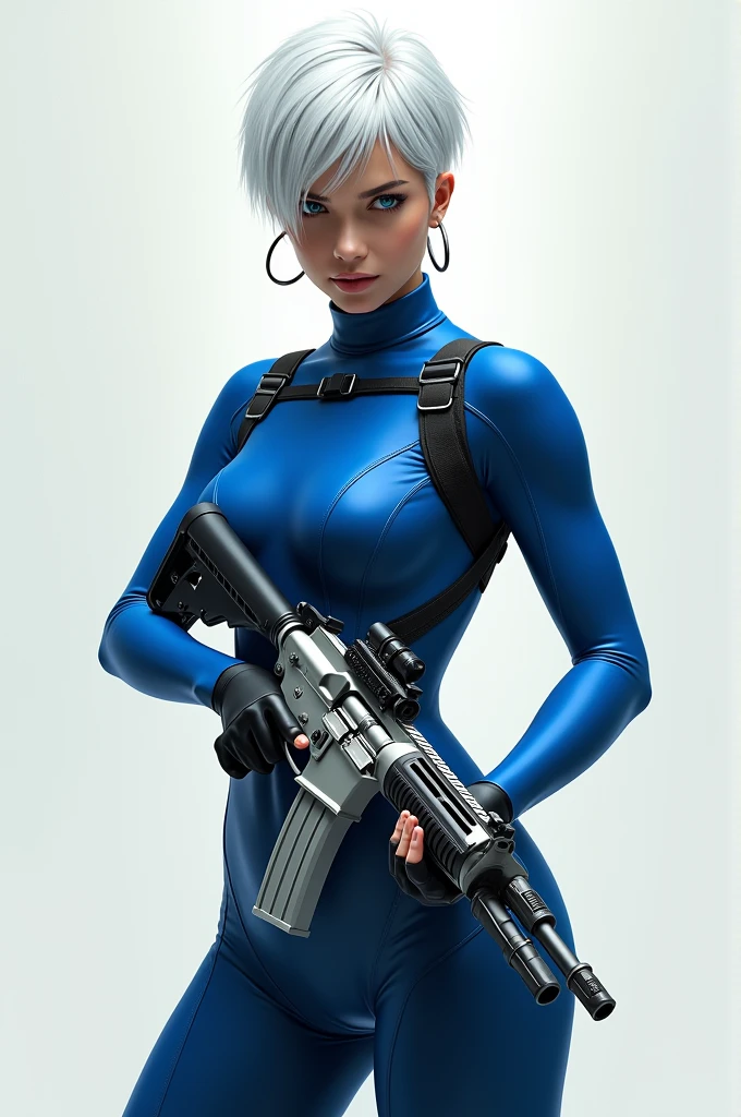 a woman in blue, with short white hair, holding a glacier m416 firearm