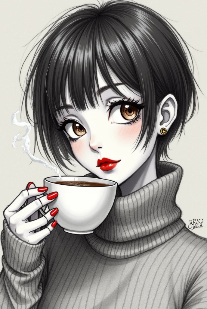 a pencil sketch of a woman, short pixie dark hair with bangs, & white highlights, she's winking, other eye brown, long lush lashes, she's got a coffee mug in one hand with steam rising from it, she's blowing on her hot coffee with ultra-bright red lips, wearing a big turtle-necked sweater, ultra-bright red fingernails, grey muted bg