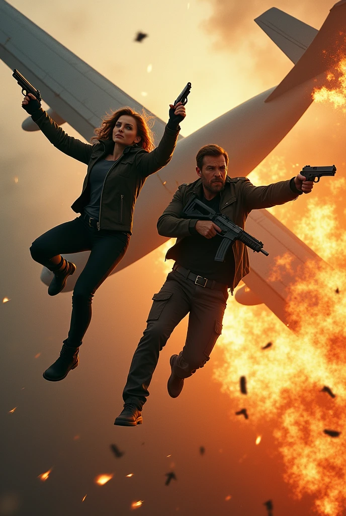 Action movie poster A man is falling from the air with two guns in his hands, and with him a girl is also jumping with two guns in her hands. And there is a fire nearby and a broken plane is falling from the air