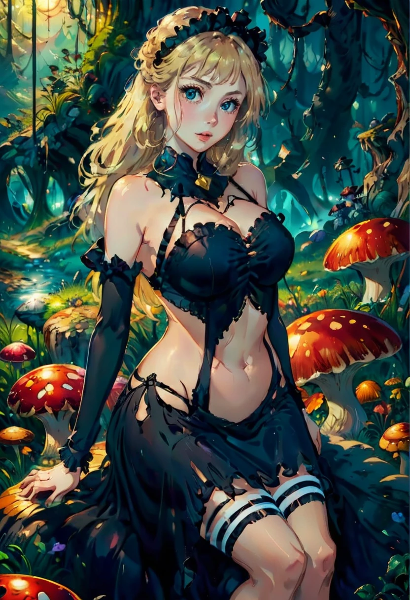A dark gothic Alice in Wonderland, a beautiful 20 year old blonde woman with big messy hair in a tattered sheer black dress, white stripe stockings, black headband, cleavage, holding a glowing mushroom, sitting on a giant mushroom, dark fantasy art style, cartoon vibrant, detailed digital art, glossy digital painting.