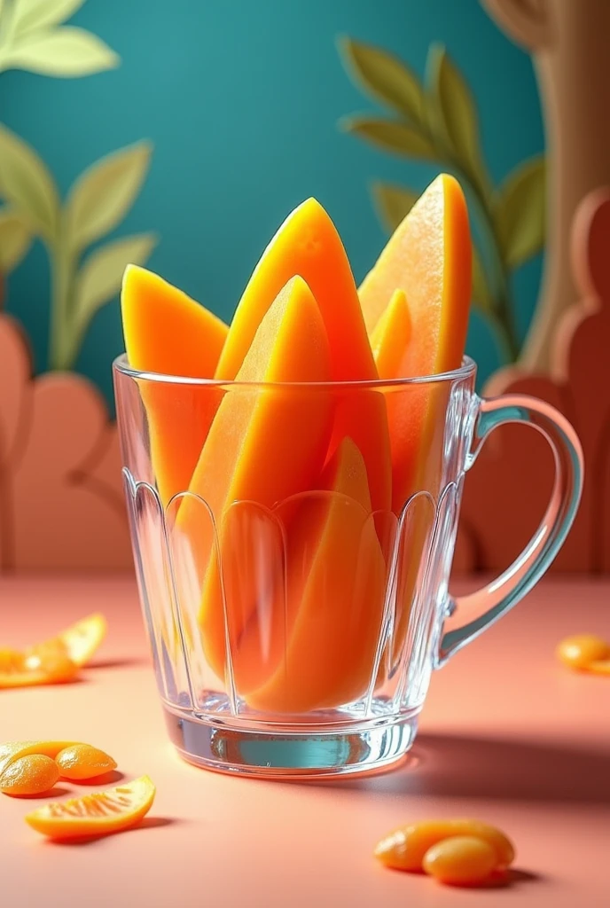 a glass cup with pieces of papaya inside, masterpiece、(Almond Shapes);1.9、(Three-dimensional paper-cut art.、colorful):1.9
