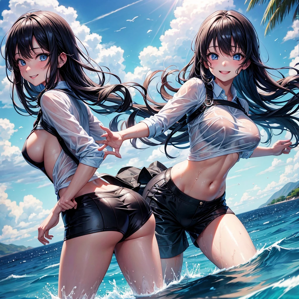 A age anime girl with wet clothes High Resolution, Looking at viewer, Smile, Blue eyes, Black Hair, High Resolution, Breasts,