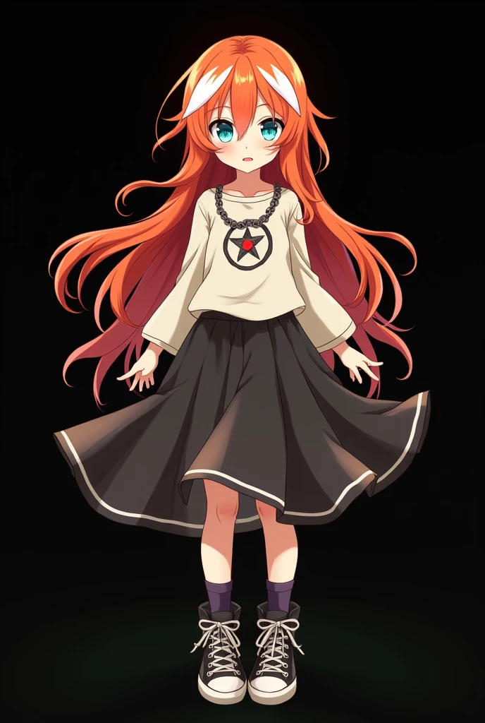 A full body image of an  child, personagem do anime "JUJUTSU KAİSEN", she is very beautiful, with long, straight, fire-colored hair with two white streaks highlighted in the front, framing your face. She has blue-green eyes and pale skin.. she is a Wiccan, she is in fighting pose. she wears a pentagram necklace, skirts,  beautiful women&#39;s high-top shoes and ¾-long socks. With animation by Gege Akutami, criador de JUJUTSU KAİSEN. black backdrop.