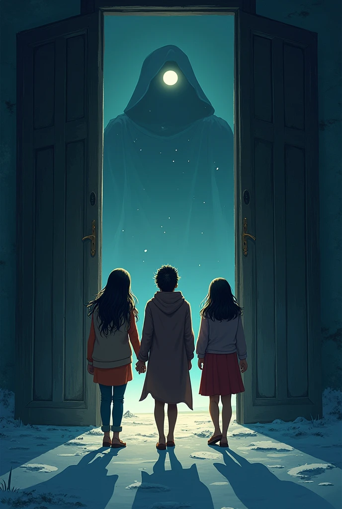 Sunita, showing courage, said, "Tonight, we'll uncover the truth about the mansion." Despite a bit of fear, Ravi and Monu agreed, and the three of them proceeded towards the mansion. The mansion's door was stuck, but they managed to open it together. Inside, it was dark and cold.