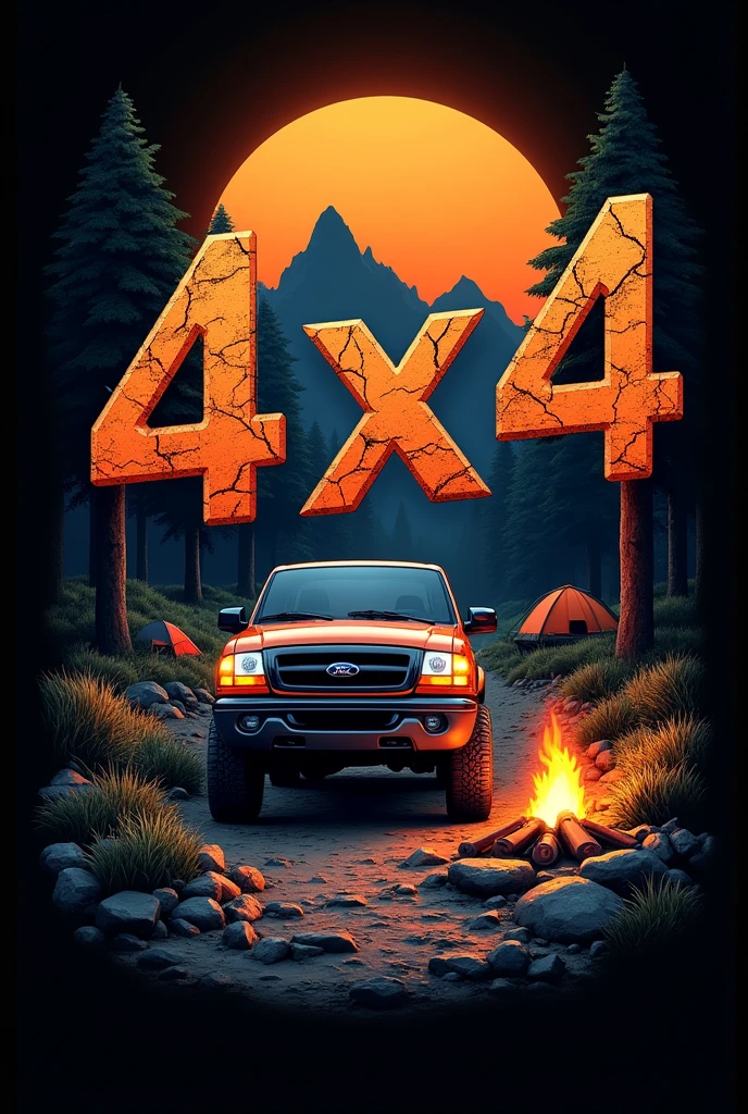 Design for sticker a highly realistic abstract 3D rendered logo illustration in dark tones for(Ford ranger 1999) featuring an off-road 4x4 theme. The main elements include large, cracked-stone-style orange text with the words '4x4' and 'OFF-ROAD,' along with 'THAILAND' Incorporate the Thai flag into the design. The vehicle should be depicted navigating a rocky road, with elements like a campfire, a tent, and a large mountain in the background. Surround the scene with trees, grass, and a large orange sun setting behind the mountains. All these elements should be set against a black background for a striking contrast.
