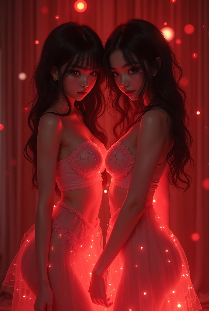 Anime girls who facing the camera with transparent clothes and red light and Big breast,