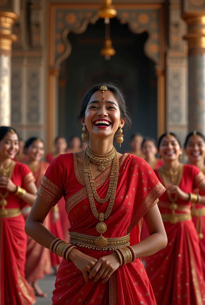 (photorealism:1.2), create a nepali  women wearing red saree and nepali tradition jewelery  in a temple dancing, laughing and enjoying  along with the groups of a girls

