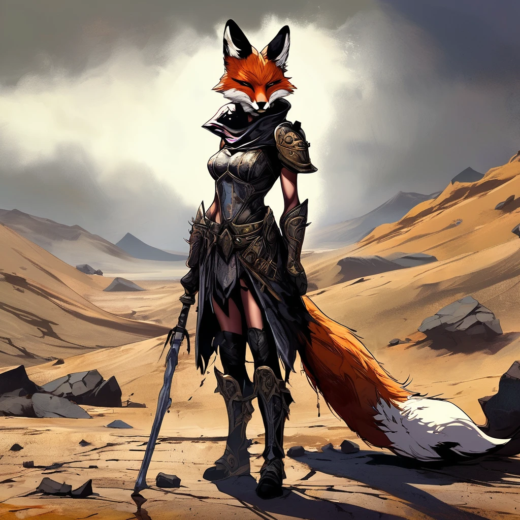 dark and torn, (1 young fox-girl beautiful muscular body, with beautiful fox ears, fierce expression, dressed in arab armor:1. 3), standing in a desolate wasteland, dramatic lighting, intense shadows, gritty texture, tall contrast, vibrant colors, dynamic pose, powerful pose, rugged background, explosive atmosphere, dystopian theme, surreal elements, digitally painted illustration, High definition resolution, intricate details, dramatic composition, avant-garde and chaotic brushstrokes, Gothic style, intense emotions, epic scale, raw and gritty feeling, Captivating and provocative artwork.