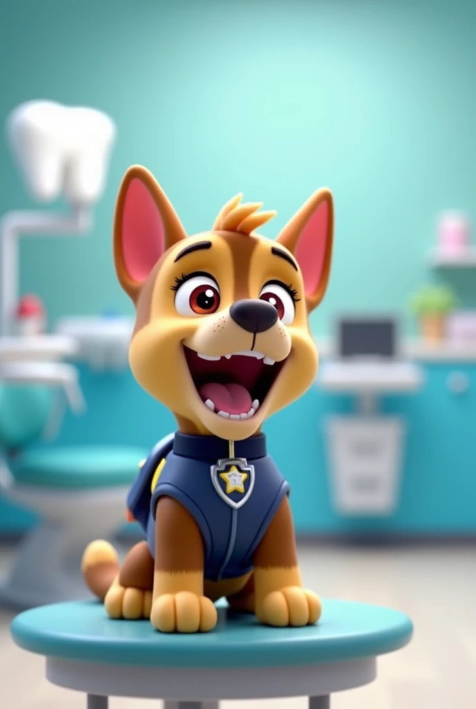 Paw patrol with open mouth at dentist