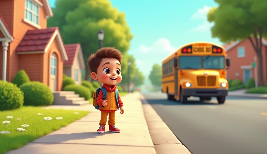 Generate a animated cartoon image of 4 year kid who is going school for the first time and waiting for his bus