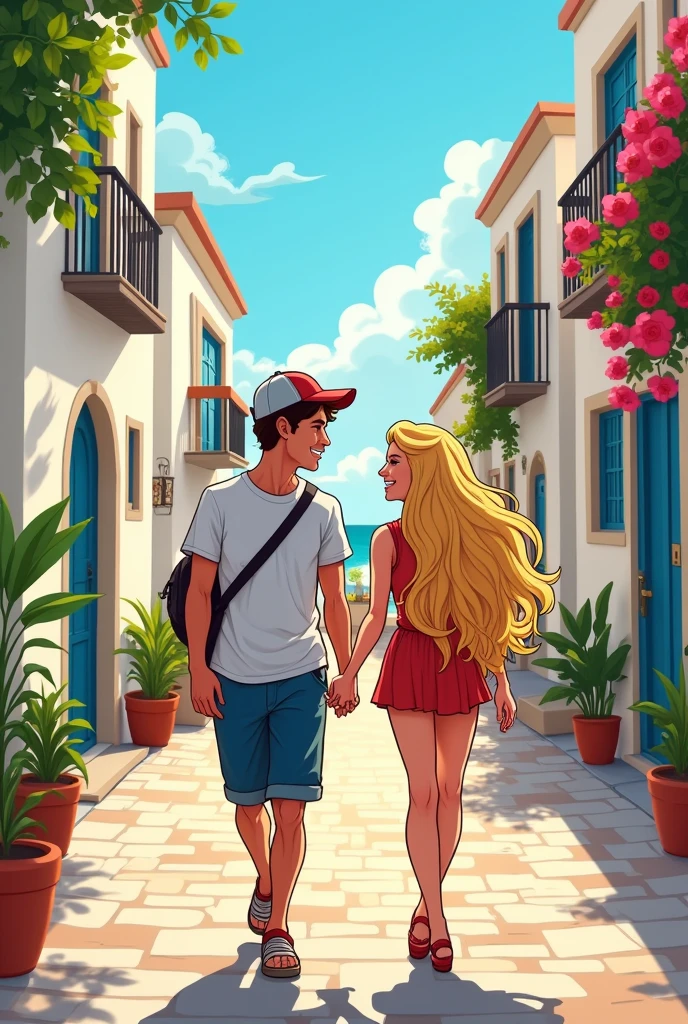 A blonde 2 woman with long hair and a 2 man with a béisbol hat on a romantic getaway in the streets of Greece, cartoon style