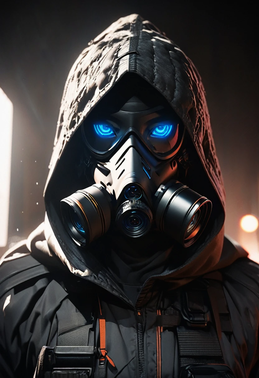 Male, hired gun, wearing tactical gear, wearing a edgy mask that has glowing eyes, wearing a hood over the mask, holding a rifle High Resolution, Masterpiece, Accurate, Anatomically Correct, Best Quality, Award Winning, Simple background, Hood Up, Mouth Mask, Mask On Head, Covered Eyes, Gas Mask, Depth Of Field, Lens Flare, Backlighting, Silhouette, Vignetting, Image Fill, Reflection Light, God Rays, Halftone, 3D Rendering, Anime Style, Artistic, Cinematic, Character Design, Cinematography, Digital Art, Gothic Art, OP Art, Realism, Unreal Engine,