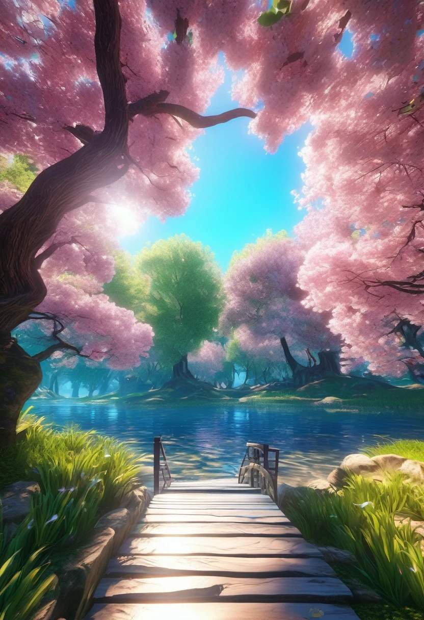 work of art, best qualityer, (very detailed CG 8k unity wallpaper) (best qualityer), (best illustration), (better shadows) swirly vibrant colors, woods, water, natural beautiful, peaceful oasis , cherry tree, blue sky ray tracing, super verbose 