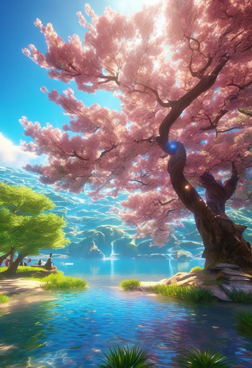 work of art, best qualityer, (very detailed CG 8k unity wallpaper) (best qualityer), (best illustration), (better shadows) swirly vibrant colors, woods, water, natural beautiful, peaceful oasis , cherry tree, blue sky ray tracing, super verbose 