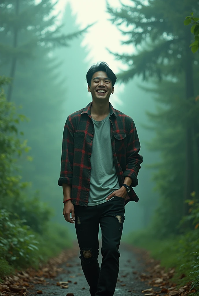 Photo taken from wide angle. 1 korean handsome men, flanel, torn black jeans, casual shoes, laughing and looking at viewers. The camera focuses on the face. Face detail. Skin detail. (mountain:0.8), (cross-processing), (highly detailed), sharp shadows, intricately detailed, photographed on a Hasselblad 500, 80mm F2.8 lens, with Cinestill 800T film, cinematic contrast, outdoors, 32k, sharp focus, detailed sky, Dynamic movement, floresta, emerald fog, mystic, dynamic lighting, filigrana altamente detalhada, complicado, vivid colours, wide angle lens, HDR, hard shadows, art photography, breathtaking, (lens flare:0.7), atmospheric perspective, masterpiece