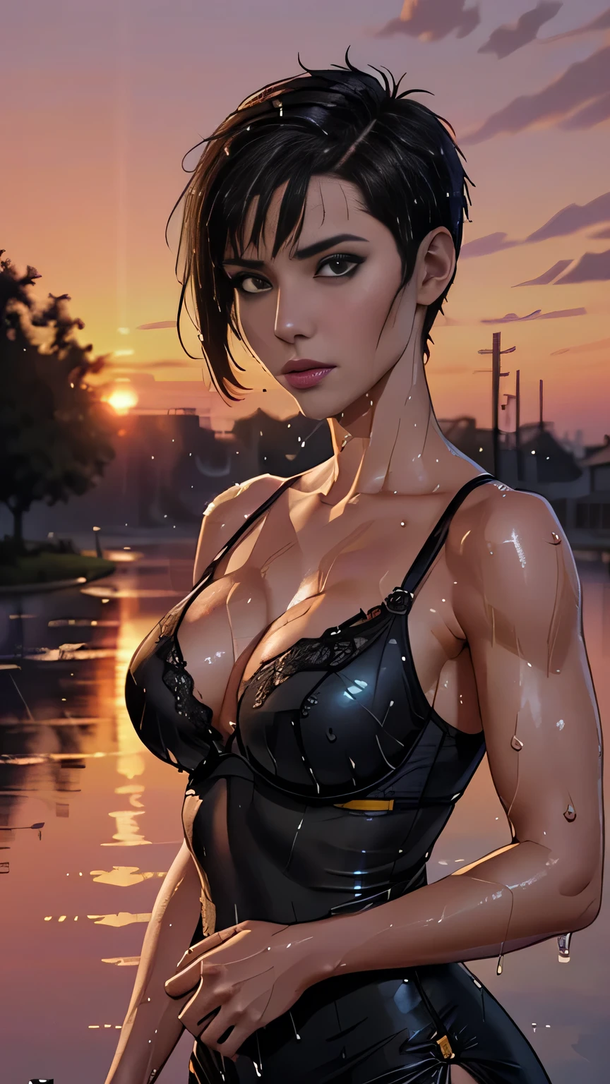 photo of mlp Meowko, RAW, beautiful woman, ((portrait)), ((detailed face:1.2)), ((anime face, anime facial feature, anime nose, clear skin, glossy anime lips, clear skin), (short messy lesbian haircut, brunette: 1.55), (perfect proportioned body, Strong, muscular, narrow waist, narrow hips, skinny, large breasts), (wearing black lace bra, torrential rain, soaking wet, covered in dripping water, wet hair, wet dress, dripping water, glistening skin, park in background, water splashing on her head, (realistic photo, best quality, detailed), (8k wallpaper), (cinematic lighting, beautiful light, (sunset:1.3)) (sharp focus, intricate)