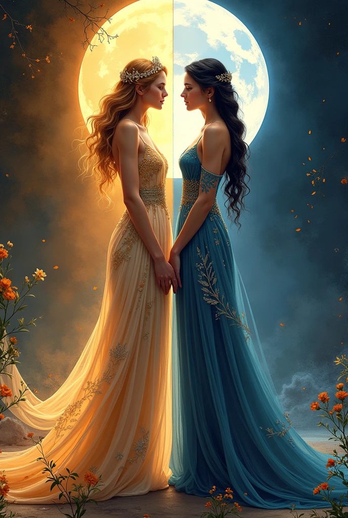 Flat vector of 2 sexy busty godsesses. They are ((((facing away from each other)))) as if they are angry. They are standing with their backs towards each other. One is goddess of the day and is on the left side of the image. The other is goddess of the night and is on the right side of the image. They are both wearing elegant dress that represent their domains. the image is split in the middle. highly detailed