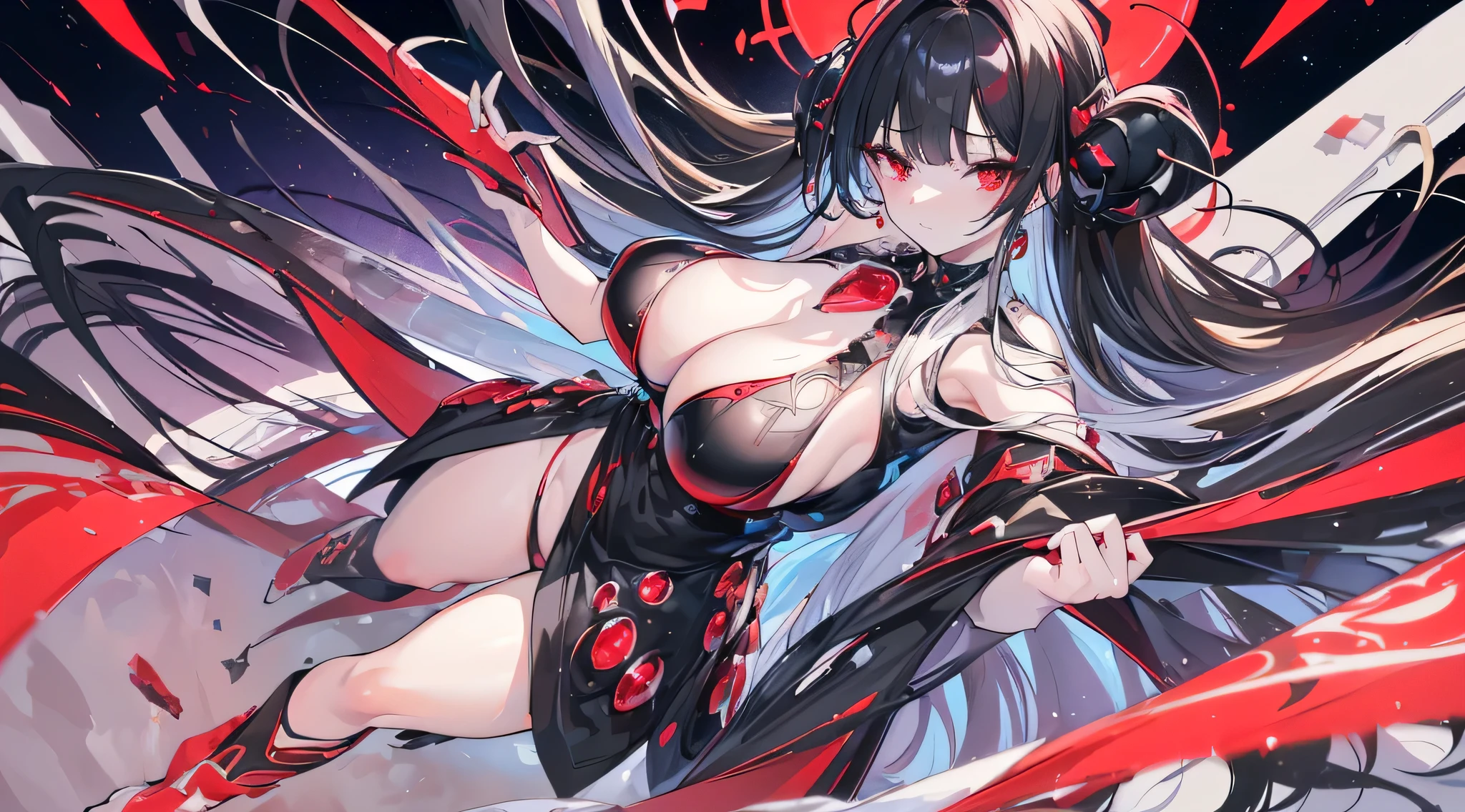 Exquisite eyes),(Clear and beautiful eyes:1.61),masterpiece, ung girl,(Black clothes and some red gems), Black long hair, (She has a huge red gem on her chest), Good Hand,((The Havoc of StarCraft)),full-body shot,Fighting Stance,(Red Eyes:1.466),short and small,(Very big breasts:1.35),(Pretty Face),(full-body shot:1.33),Beautiful hands