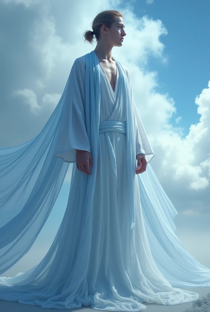 "Eye of the Storm" costume for a male model should visually and emotionally represent the calm and serenity found at the center of a storm. This transformation symbolizes resilience through the idea that even amidst chaos, one can find a place of peace and clarity. The post-transformation costume needs to starkly contrast the chaotic, stormy exterior, emphasizing tranquility, balance, and inner strength.Design Elements:Base Colors and Fabrics:Color Palette: The post-transformation colors should be soft and serene, focusing on light blues, whites, and silvers. These colors evoke a sense of calmness and purity, symbolizing the eye of the storm where the skies are clear, and there’s a sense of peacefulness despite the surrounding turmoil.Fabric: The fabrics used should be lightweight, flowing, and reflective to create a smooth and peaceful look. Consider using materials like satin, silk, or chiffon for their soft texture and subtle sheen, which enhances the tranquil effect. If budget is a concern, affordable polyester fabrics with a satin finish can be used to achieve a similar look.Costume Structure:Tunic or Robe: The core piece of the post-transformation costume is a tunic or robe that flows elegantly. It should have a simple, streamlined design, representing purity and simplicity. The tunic can have a slight gradient, starting with a pale blue at the top, transitioning to white or silver towards the bottom, symbolizing the transition from chaos to calm.Undershirt/Layer: If a tunic isn't used, a fitted undershirt in sky blue or white can be revealed beneath the outer layer. The undershirt should be snug and minimalistic, focusing on clean lines and soft tones.Flowing Cape or Cloak: A long, flowing cape or cloak can be added to the back, made from a sheer fabric like chiffon or organza. The cape can be sky blue with a soft white or silver gradient, creating a visual effect of calm air currents or light breezes, further emphasizing the peacefulness of the eye of the st