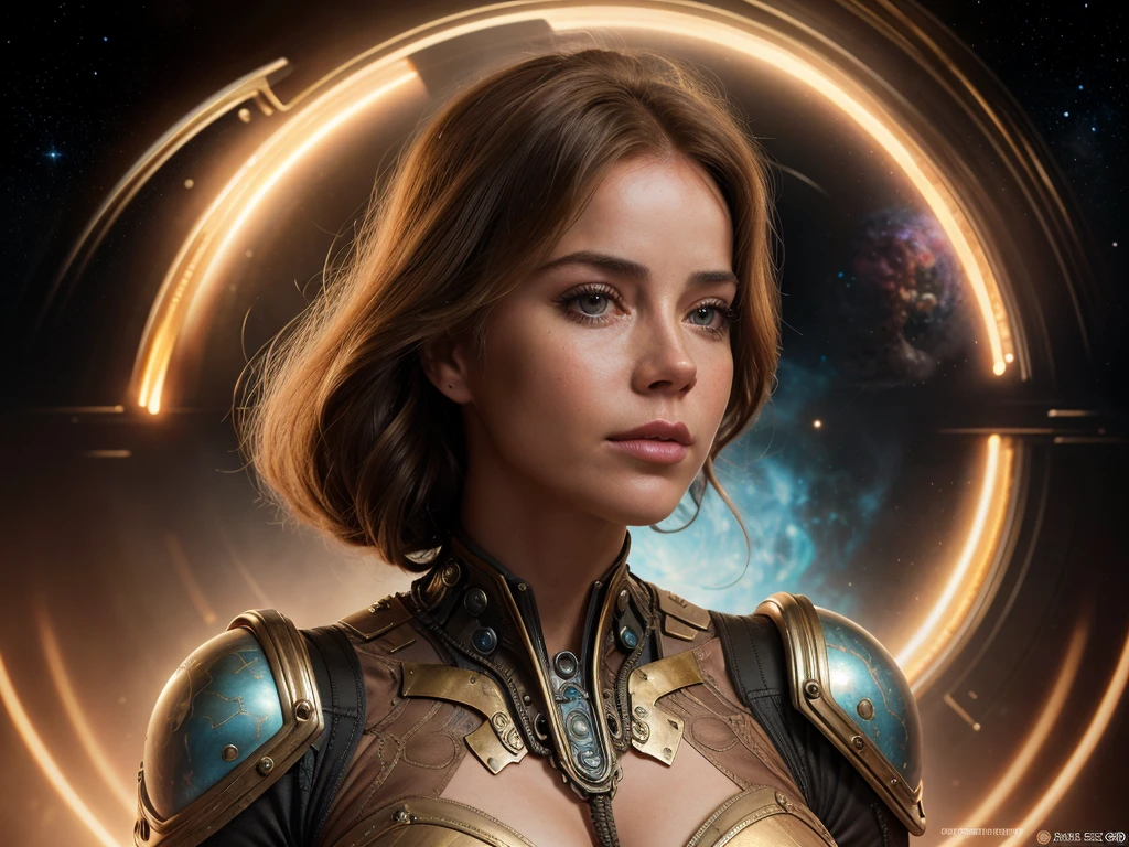 a close up of a woman with a helmet on and a sci - fiore, boris vallejo and tom bagshaw, prophet graphic novel, cosmic artifacts, inspired by Earl Norem, deepdream, awarded on cgsociety, looks a bit similar to amy adams, golden turquoise steampunk, anno 2070  