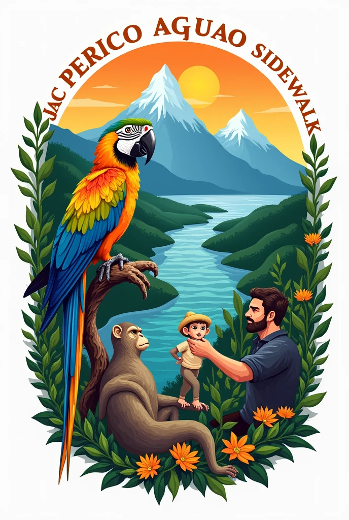 Create a logo in Spanish for a company with the following characteristics: Image with the two peaks of the Sierra Nevada of Santa Marta, laguna, farmer, river to the sea, Macaw, monkey and box that says: JAC PERICO AGUAO SIDEWALK