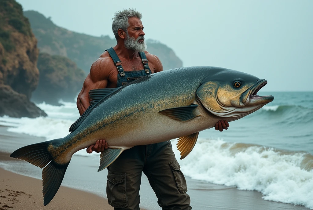 There is a fisherman who has caught a big fish on the seashore. The fish has fallen on the seashore and he is carrying it away.