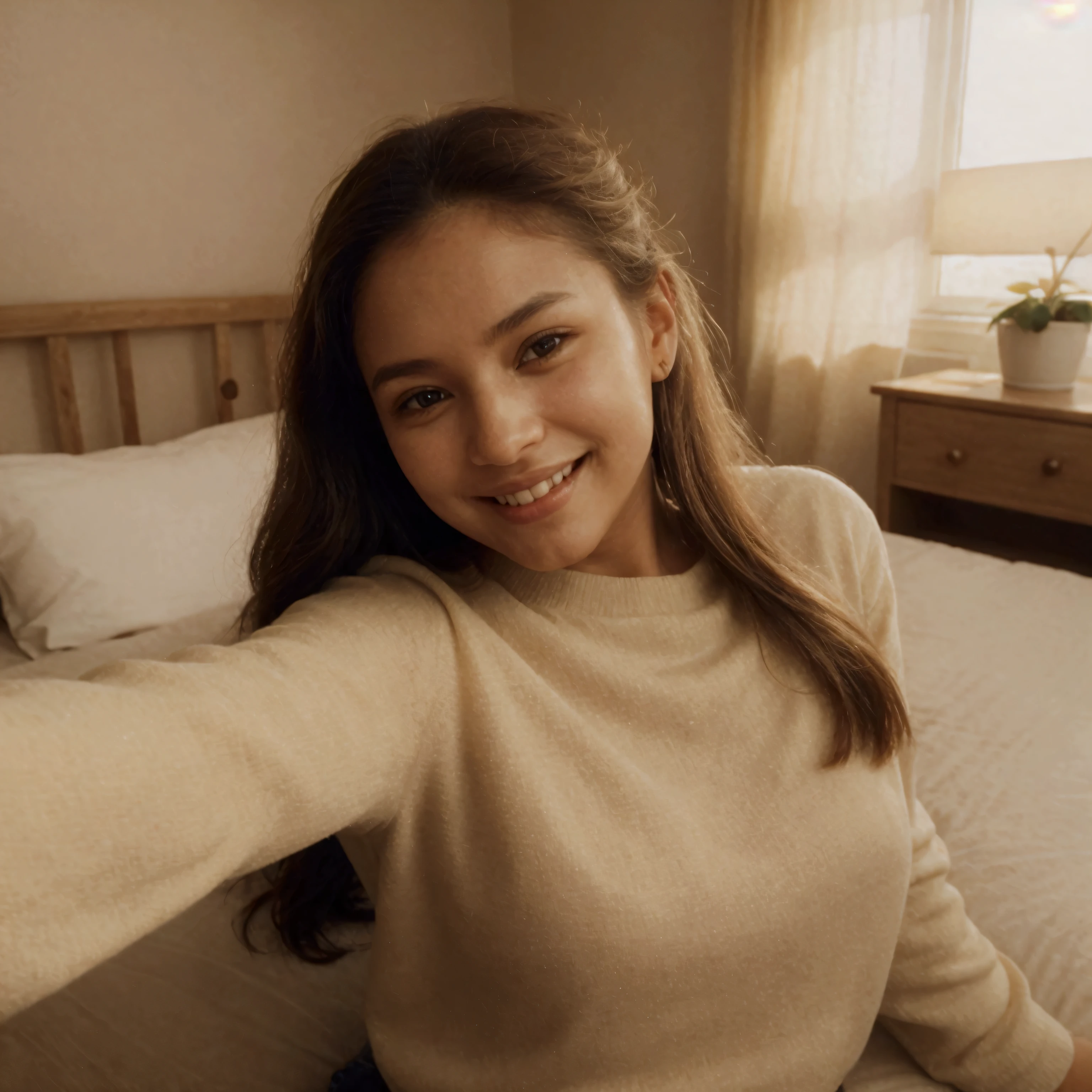 A young woman with long brown 2 ponytail hair is lying on a bed, street colors clothes,smiling as she takes a selfie. Sunlight streams into the room, illuminating her beautiful brown eyes and casting a warm glow across the scene. She is wearing a street clothes style, and the bed is cozy, with soft, neutral-colored sheets. The sunlight enhances the natural warmth of her features, making her eyes sparkle. The atmosphere is relaxed and intimate, with the golden light creating a peaceful and happy mood,8k,best quality