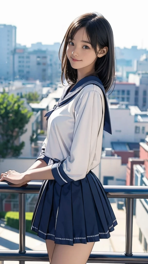 Post-Impressionism (One girl, Sailor suit, skirt), Leaning on the railing, Big smile, Half Body Shot, Sharp focus, Beautiful  high schoolnts, Soft lighting, A kind smile, ((noon)), Bokeh, School rooftop, Beautiful Face, 24mm lens, fuji provia  School rooftop cool girl  heibaidiao, silhouette, Light and shadow, Painted Poster Film Overlay, Film Grain, Image Border