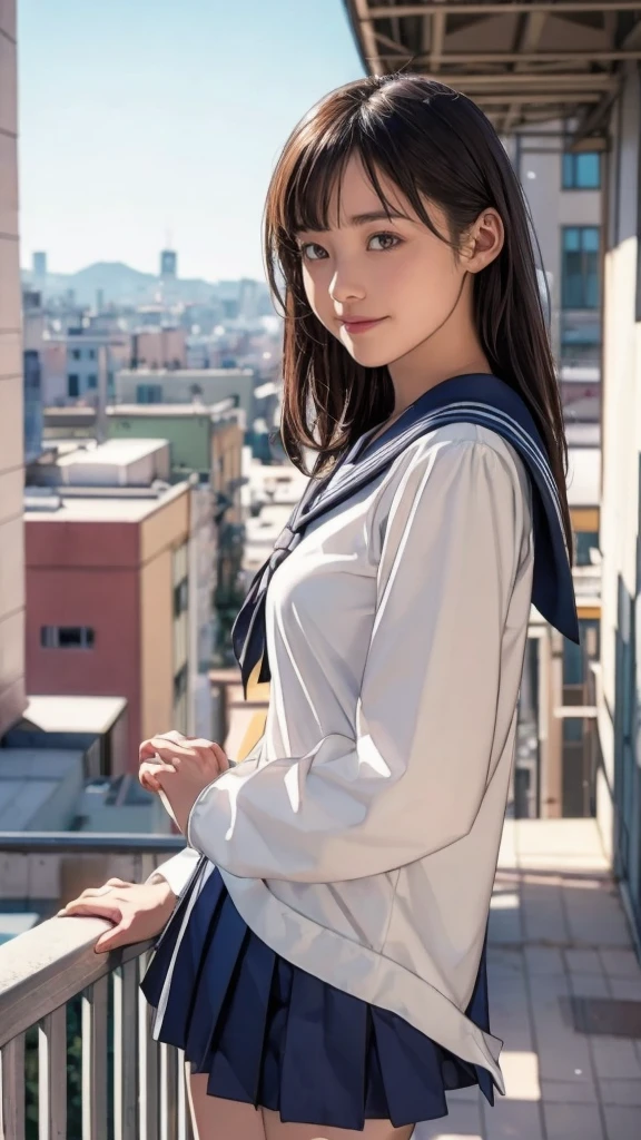 Post-Impressionism (One girl, Sailor suit, skirt), Leaning on the railing, Big smile, Half Body Shot, Sharp focus, Beautiful  high schoolnts, Soft lighting, A kind smile, ((noon)), Bokeh, School rooftop, Beautiful Face, 24mm lens, fuji provia  School rooftop cool girl  heibaidiao, silhouette, Light and shadow, Painted Poster Film Overlay, Film Grain, Image Border