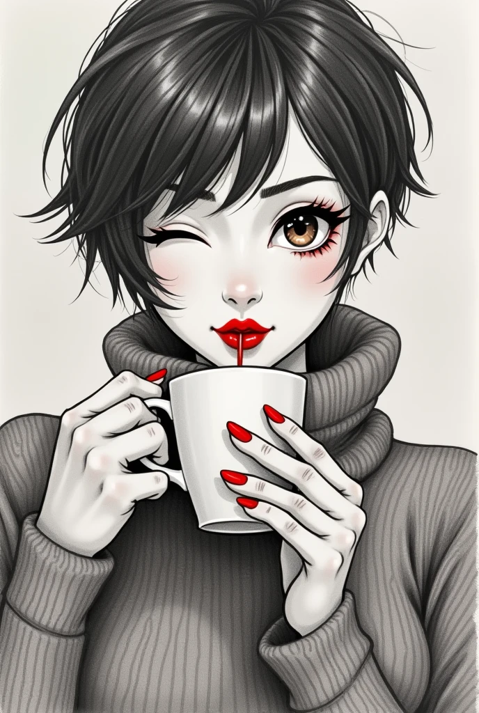 a pencil sketch of a woman, short pixie dark hair with bangs, & white highlights, she's winking, other eye brown, long lush lashes, she's got a coffee mug in one hand with steam rising from it, she's blowing on her hot coffee with ultra-bright red lips, wearing a big turtle-necked sweater, ultra-bright red fingernails, grey muted bg