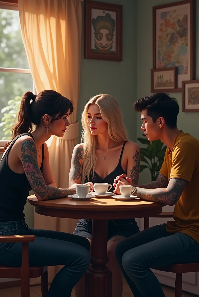Tattoed woman sitting with a boyfriend and His mother drinking coffee