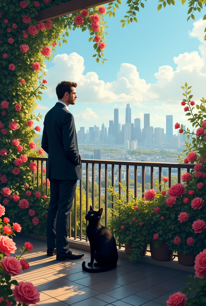 art, man with a black cat on a balcony, flores 600x400 pixel, jpeg
