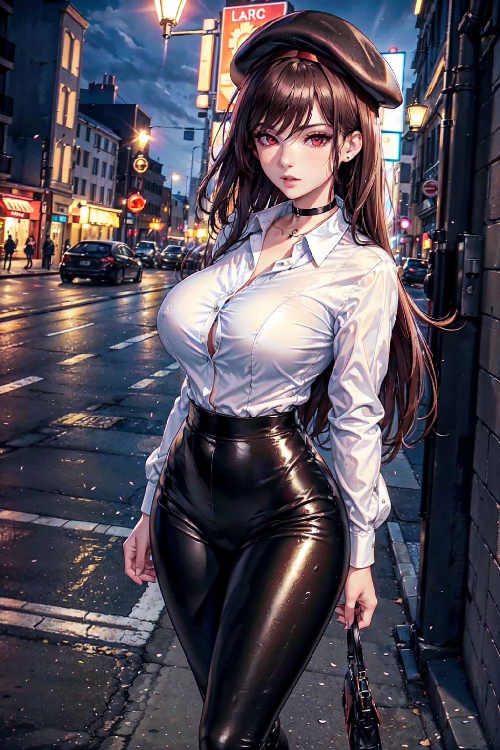 masterpiece, Superior image quality, High resolution, 4k image, photorealistic, ung girl of 20 years old, walking, {Alone}, big autiful face, long dark brown wavy hair, scarlet red eyes, very detailed eyes, seductive expression, black french beret, choker:1.6, (white collar button down shihite long sleeve), (shiny black leggings), black boots, sensual lips , show details in the eyes, View from the front, Street, city at night