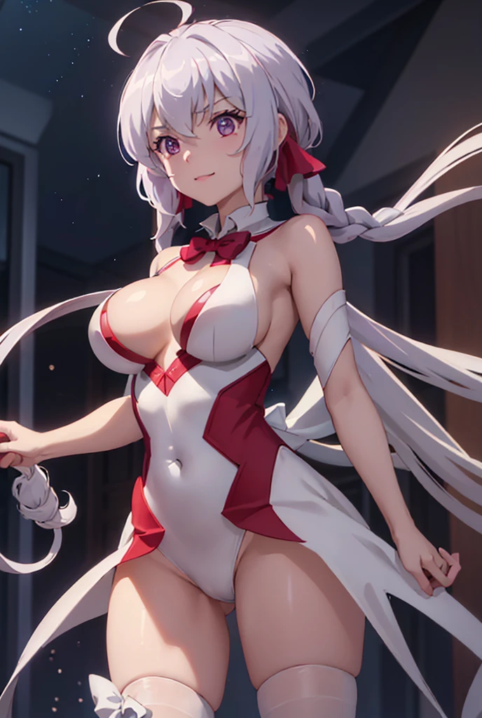 ((masterpiece)), ((Best quality)), (high resolution), (illustration), (an extremely delicate and beautiful), (ultra detailed beautiful face and eyes), nsfw, 1girl, leaning forward, YukineChris, long hair, purple eyes, twintails, low twintails, ahoge, large breasts, fishnet pantyhose, red a bow tie, volumetric lightning, detailed skin texture, detailed, volumetric shadow, anime screencap,Highest quality, Sorceress, ancient babylonian nobility, ((tan skin:1.2)), (brown skin color),Long hair, twin braids, hair ornament, wine colored hair, smile, Below average size breasts, bare shoulders, (underboob:0 Facing forward with arms folded、Wide-open legs、Standing with your legs apart、Front 8K, masterpiece, Best_quality, high_resolution, ultra_details, detailed, 1girl, 独奏, looking_at_viewer, upper_body, indoors, braid, blurry, bangs, white_hair, blurry_background, collared_shirt, church, hair_ribbon, hair_between_eyes, sidelocks, depth_of_field, light_particles, moon,night,knightfrench_braid, Alphonse Mucha Style, sharp focus, perfect hands, perfect face, perfect eyes, perfect light, dynamic light, natural light, Masterpiece, Best quality, red dress、Yukine Chris、Symphogear