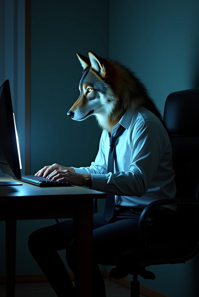 a wolf, with clothes, sitting at the computer, at night, in a dark room