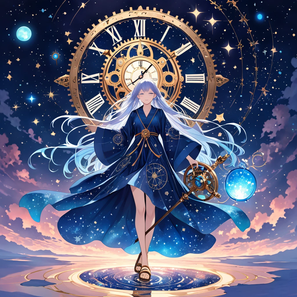A mystical being with hair that shifts colors with the passing hours, from dawn’s rosy hues to midnight’s deep blues, wearing a robe made of shimmering, translucent fabric that seems to flow like liquid time, adorned with intricate clockwork gears and celestial symbols, and sandals that leave a trail of glowing, ephemeral footprints, carrying a staff topped with an hourglass filled with stardust.