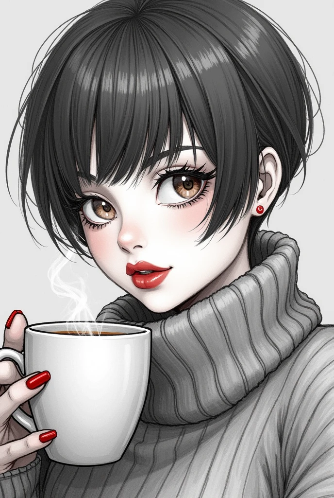 a pencil sketch of a woman, short pixie dark hair with bangs, & white highlights, she's winking, other eye brown, long lush lashes, she's got a coffee mug in one hand with steam rising from it, she's blowing on her hot coffee with ultra-bright red lips, wearing a big turtle-necked sweater, ultra-bright red fingernails, grey muted bg