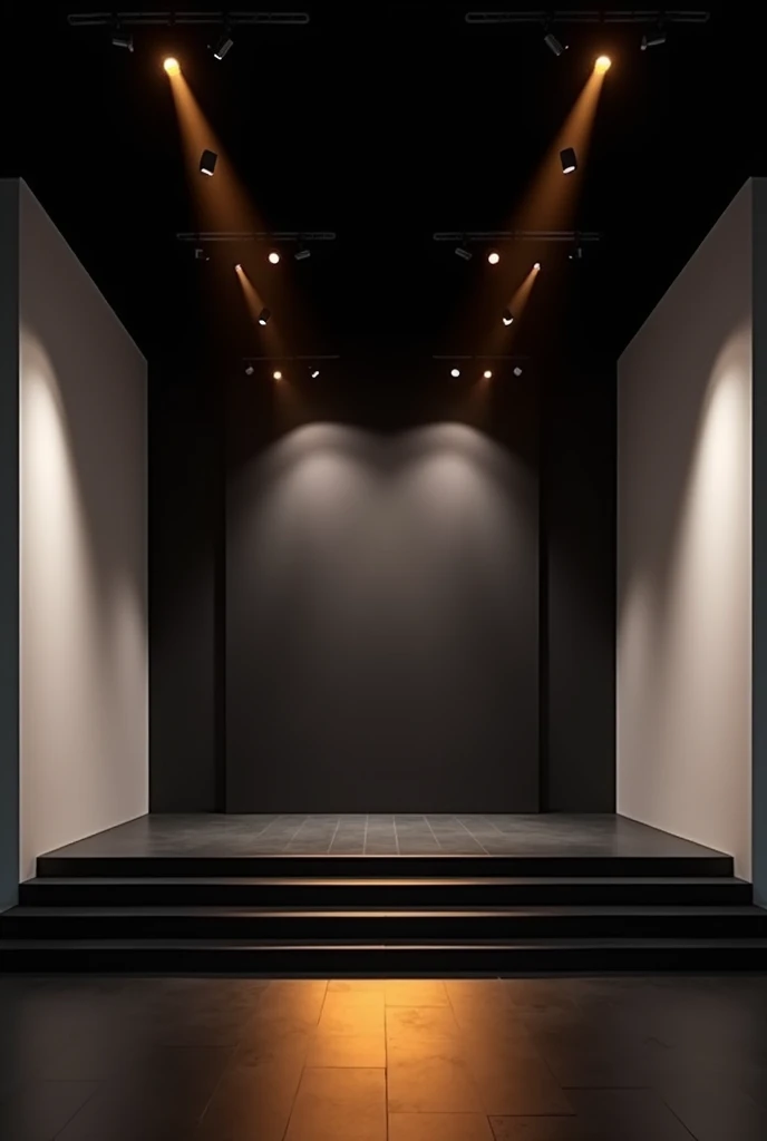 Interior of a minimalist evangelical church in a rectangular shape, black background wall with led panel in the center, black upper ceiling with several yellowish light points, party lights pointing at stage and illuminating,  white side walls, lights coming out of the stage
