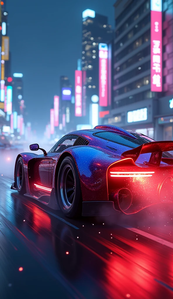 Best quality, masterpiece, ultra high res, Capture the adrenaline-fueled excitement of a sleek, high-performance racing car dripping, red, blue, fires, neon light, dust, full car show, from side, cyberpunk racing car, tokyo cyberpunk night,Detailed,Realistic,4k highly detailed digital art,octane render, bioluminescent, BREAK 8K resolution concept art, realism,by Mappa studios,masterpiece,best quality,official art,illustration,ligne claire,(cool_color),perfect composition,absurdres, fantasy,focused,rule of thirds,