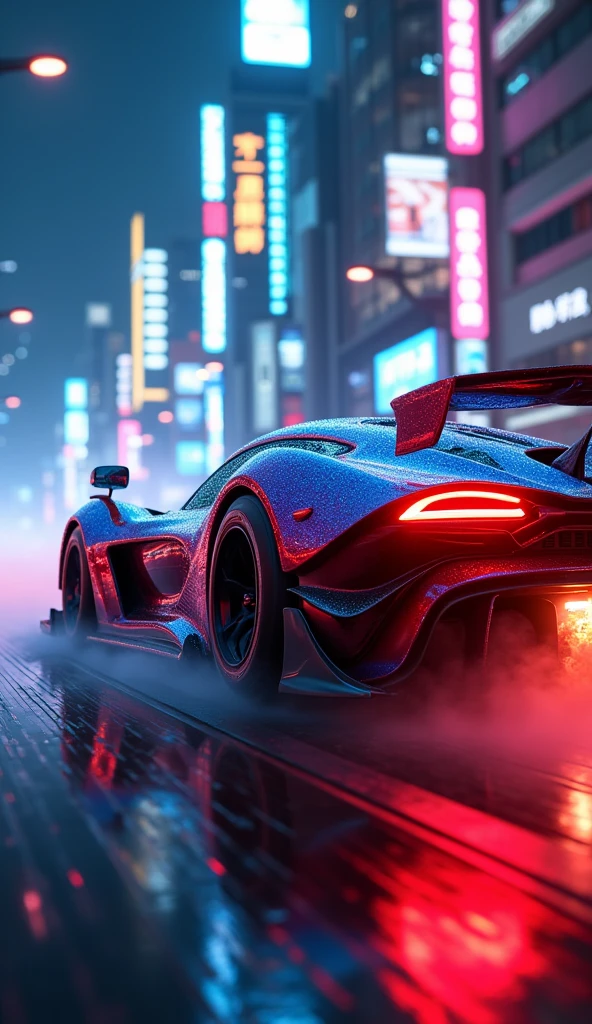 Best quality, masterpiece, ultra high res, Capture the adrenaline-fueled excitement of a sleek, high-performance racing car dripping, red, blue, fires, neon light, dust, full car show, from side, cyberpunk racing car, tokyo cyberpunk night,Detailed,Realistic,4k highly detailed digital art,octane render, bioluminescent, BREAK 8K resolution concept art, realism,by Mappa studios,masterpiece,best quality,official art,illustration,ligne claire,(cool_color),perfect composition,absurdres, fantasy,focused,rule of thirds,