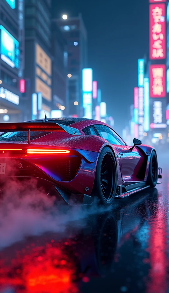 Best quality, masterpiece, ultra high res, Capture the adrenaline-fueled excitement of a sleek, high-performance racing car dripping, red, blue, fires, neon light, dust, full car show, from side, cyberpunk racing car, tokyo cyberpunk night,Detailed,Realistic,4k highly detailed digital art,octane render, bioluminescent, BREAK 8K resolution concept art, realism,by Mappa studios,masterpiece,best quality,official art,illustration,ligne claire,(cool_color),perfect composition,absurdres, fantasy,focused,rule of thirds,