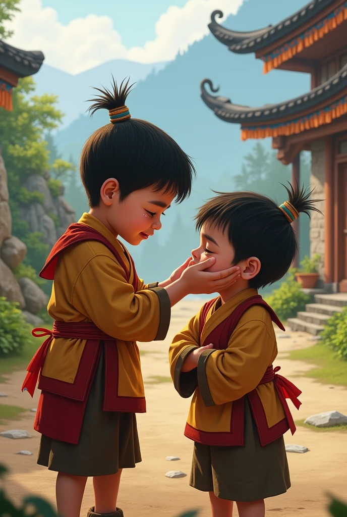 Little Bhutanese boy wiping tears of his little brother