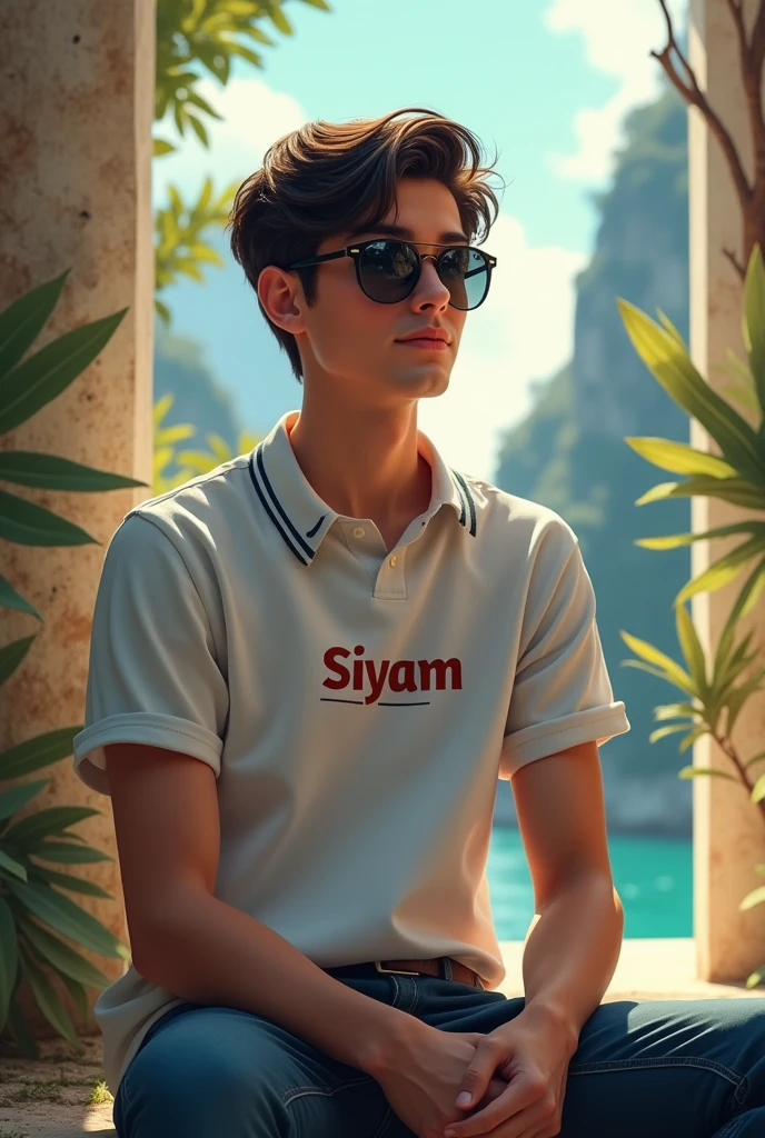 A boy about 20 years old হেলান দিয়ে বসে আছে সানগ্লাস পরে একটি মনোরম পরিবেশে with a attitude pose. Infron of the shirt the name Siyam is typed 