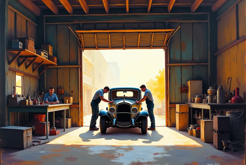 A colorful sketch made with oil paints using the alla prima technique, showing the interior of an old, large wooden car workshop. In the center of the scene there are two mechanics in work clothes and a broken, dark rusty car from the 1930s standing, the open hood shows the engine of the car with two mechanics in work clothes leaning over it. The stage is illuminated by bright sunlight coming through the wide open large doors of the workshop, creating an interesting chiaroscuro and atmosphere. The further perspective is in deep shadow.